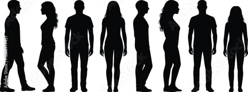 Diverse silhouettes of men and women standing in profile and frontal views
