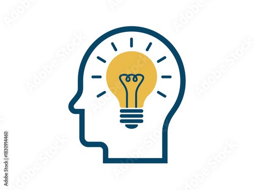 A graphic illustration depicts a silhouette of a human head with a glowing lightbulb symbolizing a new idea or insight within.
