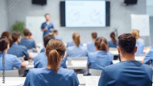 A group of healthcare workers in blue scrubs engages in a training session led by an instructor in a well equipped classroom