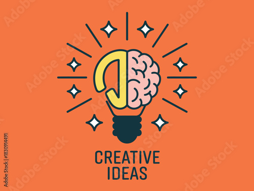 A lightbulb merges with a human brain, symbolizing a creative idea emerging.