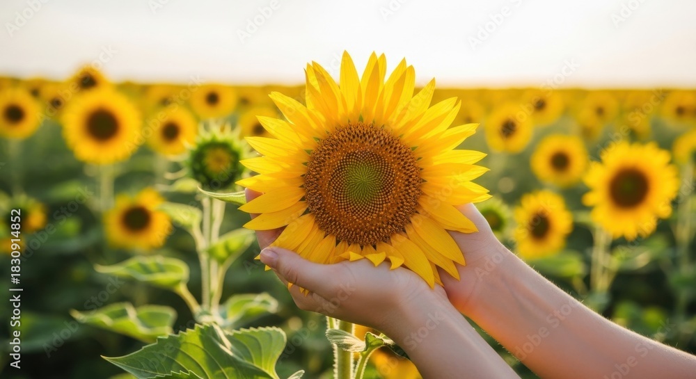Fototapeta premium Hands holding a bright yellow sunflower in a field.