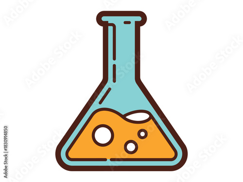 A chemical flask containing an orange liquid with bubbles, representing a science experiment.