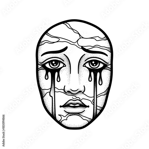 Cracked Mask with Flowing Tears Symbolizing Sadness and Brokenness.