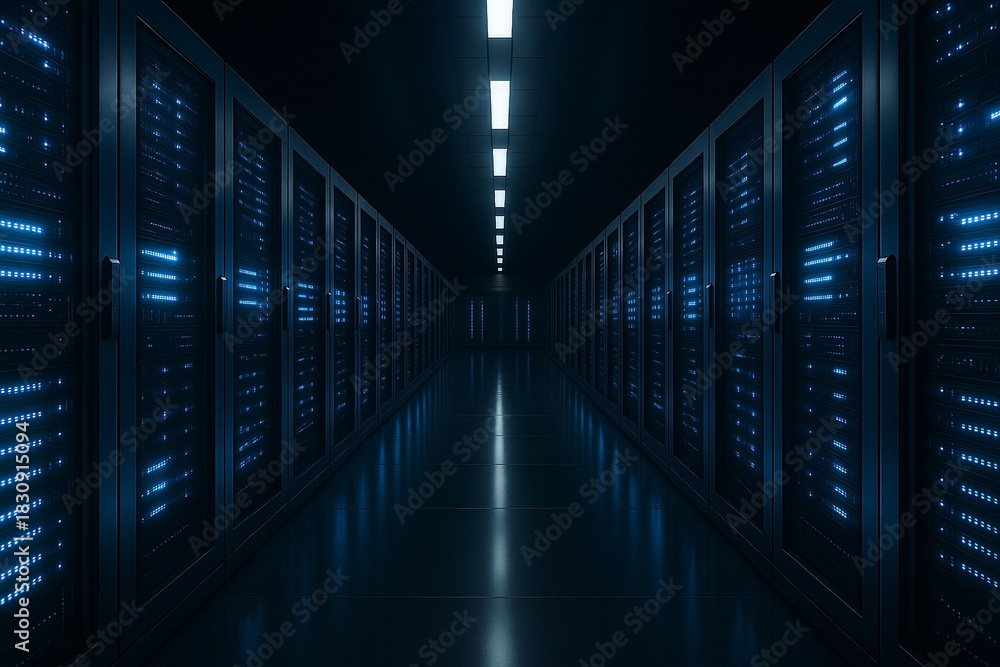 Fototapeta premium Server racks in modern server room data center - 3d illustration.