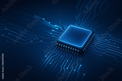 Computer microchip on motherboard, AI chip on circuit board, central computer Processor CPU concept.