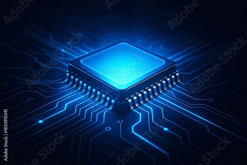 Computer microchip on motherboard, AI chip on circuit board, central computer Processor CPU concept.