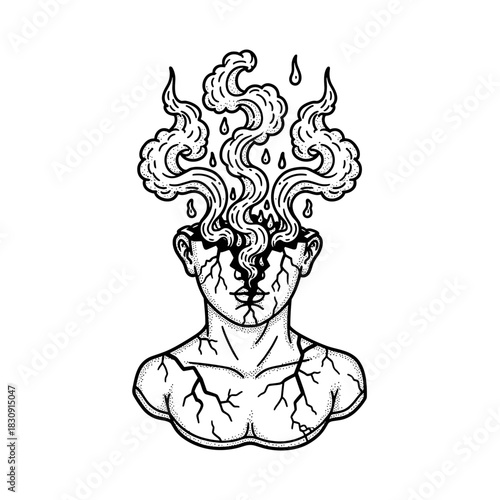 Surreal illustration of a cracked head with smoke and tears pouring out.