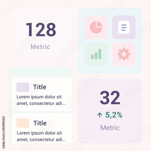 Pastel-themed bento UI board featuring metric cards, icon slots and stacked content sections designed for modern web and app interfaces, dashboards, analytics and clean minimal UX layouts.