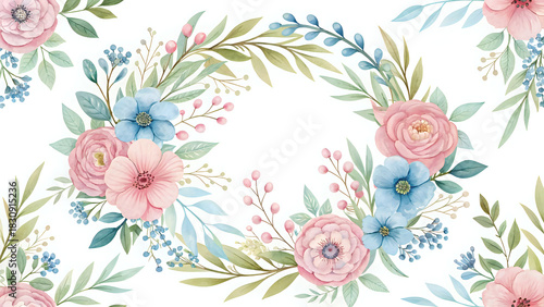floral background with flowers, Watercolor floral wreath pattern, elegant pastel palette, seamless