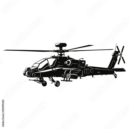 Military helicopter vector illustration featuring an army attack chopper in flight with spinning rotors against the sky