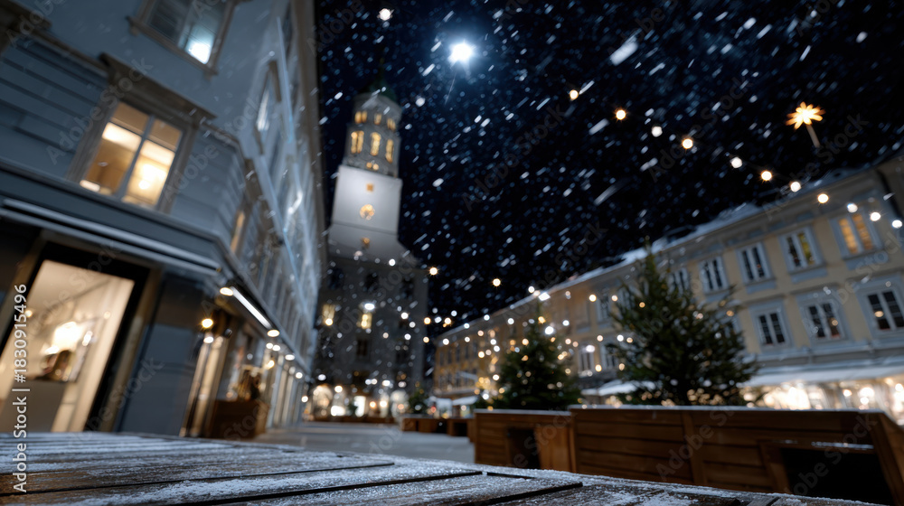 custom made wallpaper toronto digitalA captivating night scene of a town square adorned with holiday lights, where snowflakes fall gently, enhancing the festive atmosphere and inviting warmth during winter nights.