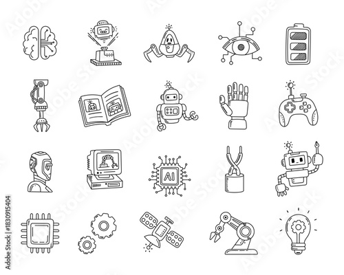 Technology set in outline line art for advanced ai mechanisms with circuits processor automation tool and innovative engineering concepts themed robotics communication devices for your projects