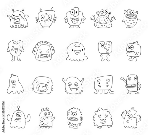 Monster doodle character set showing various quirky fantasy creatures with different emotions and poses for your illustration funny alien mutant friendly and adorable