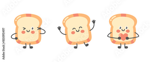Cute toast bread character illustration set. Slices of bread with happy faces in various poses like waving, winking, and holding a heart. Kawaii breakfast food mascot concept. Modern flat cartoon.