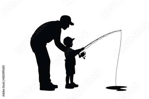 Silhouette of father and son fishing together bonding and learning