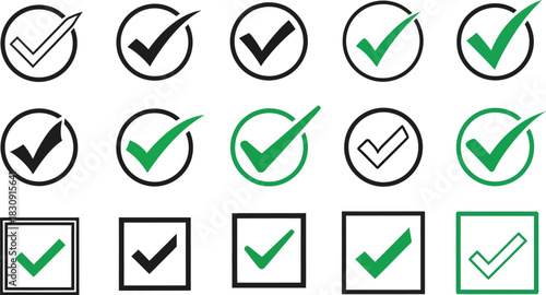 Collection of diverse checkmark icons in circles and squares for approval and completion