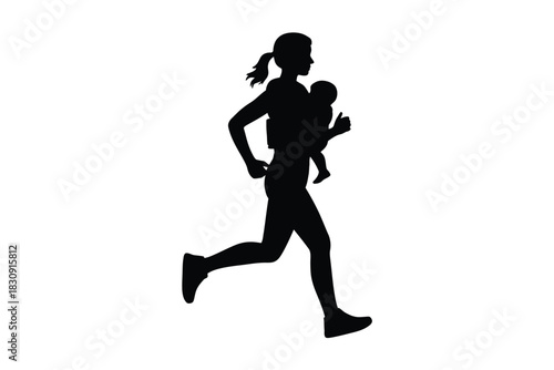Silhouette of a mother running with baby in a carrier