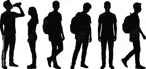 Silhouettes of diverse people standing, walking, and carrying backpacks in casual poses for lifestyle, behavior, and urban scene illustration use.