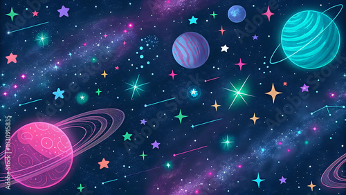 Space stars pattern, neon planets and constellations, seamless