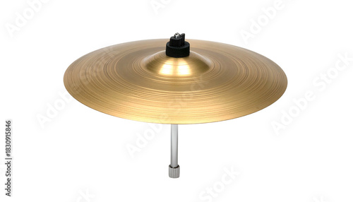 Metallic cymbal atop silver stand against black backdrop