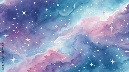 Watercolor pattern, stars and nebula, dreamy pastels, seamless