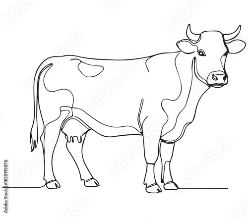 Minimal Continuous Line Art Vector of Standing and Grazing Cows on White Background