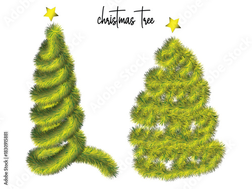 Realistic green Christmas tree garland illustration, Festive pine garland Christmas tree design, Decorative green tinsel Christmas tree with star topper