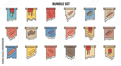 A collection of 18 different banner designs, each with a unique color scheme and tattered edge, arranged in a grid layout.