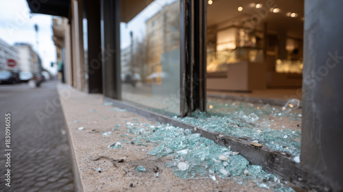 Fototapeta Naklejka Na Ścianę i Meble -  Broken storefront window with glass fragment on sidewalk. aftermath of crime and damage creating scene of urban destruction and chaos