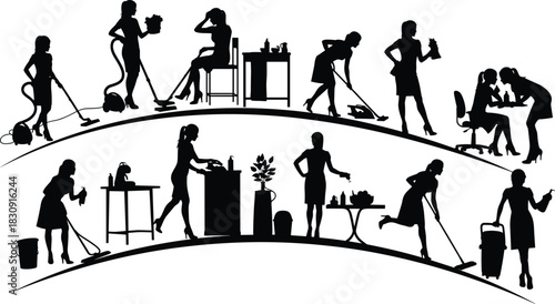 Silhouette women doing household chores, cleaning tools, domestic work routine, teamwork, vacuuming, mopping, wiping, home maintenance, black and white
