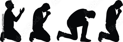 Silhouette of kneeling person in prayer poses, spiritual meditation, religious reflection, humble worship, emotional introspection vector illustration