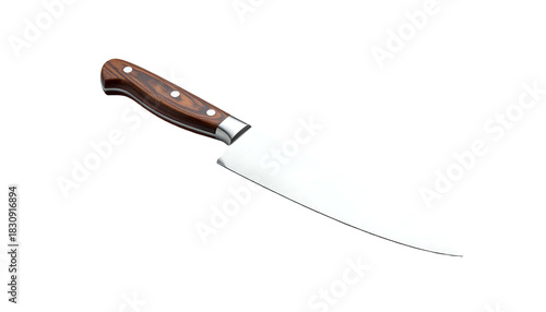 Steel chef's knife, riveted wooden handle, angled on black