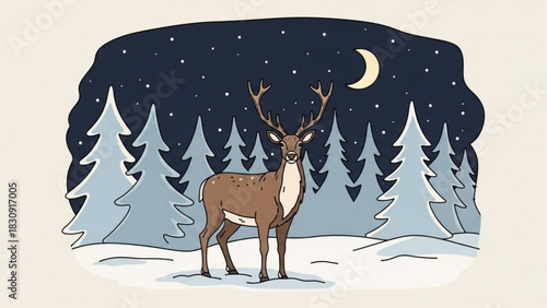 Majestic deer in snowy winter wonderland, illuminated by moonlight, a peaceful, serene scene evoking holiday spirit and natural beauty in a calm night forest