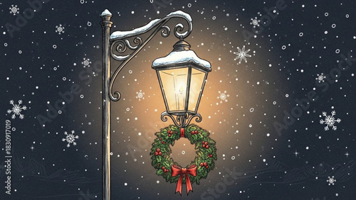 Charming winter night scene with snow falling around a festive street lamp adorned with a Christmas wreath, perfect for holiday greetings and seasonal designs