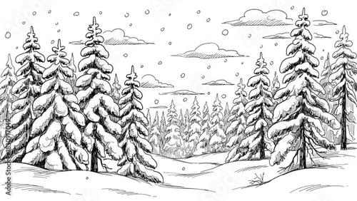 Winter wonderland scene with snow-covered trees and gentle snowfall, perfect for holiday cards, seasonal designs, and cozy winter projects, originally a vector