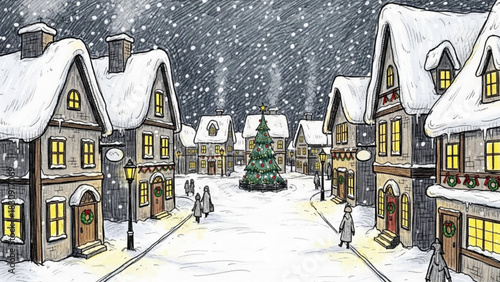 Charming snow-covered village scene with Christmas tree, perfect for holiday greetings and festive designs evoking warmth and nostalgia this winter season