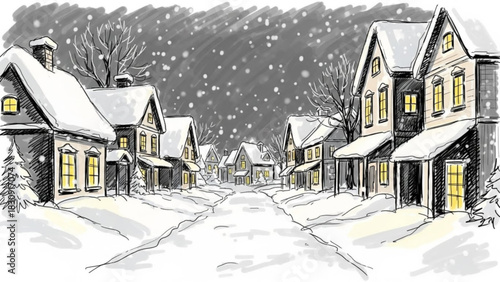 Charming winter village scene with snow-covered houses and warm glowing windows, ideal for holiday cards and seasonal promotions, capturing the cozy atmosphere