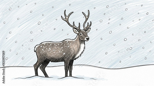 Majestic reindeer standing in gentle snowfall, calm winter scene evokes holiday spirit, perfect for seasonal greetings and nature themed projects