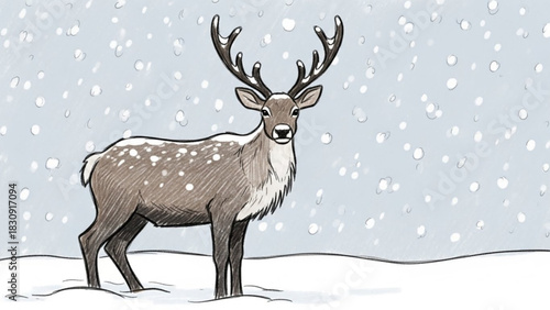 Charming reindeer stands serenely amid falling snow, bringing a touch of winter magic perfect for holiday cards, children's books, and seasonal promotions