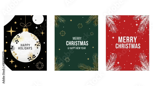 Festive Merry Christmas and Happy Holidays greetings with elegant holiday ornaments and winter foliage designs