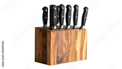 Knife block filled with knives, black handles, wooden block