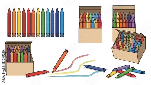 A collection of colorful crayons in boxes and individual sticks, illustrating creativity and art supplies