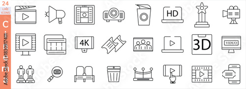  Cinema web icons in line style. Film, popcorn, video, movie