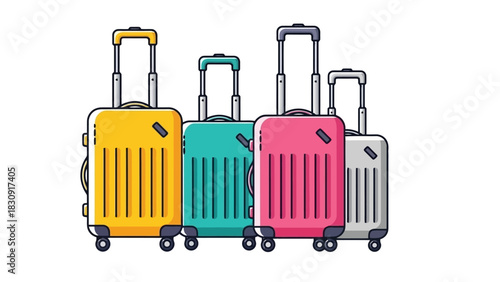 Brightly colored rolling suitcases lined up, symbolizing travel and vacation preparation