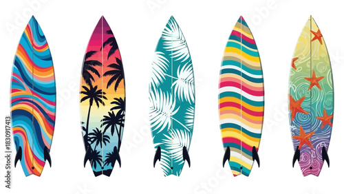 Vibrant collection of five distinct surfboards showcasing colorful patterns and tropical designs