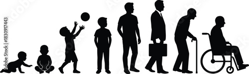 Human life stages silhouette from baby to elderly, showing growth, aging, mobility changes, development, and generational transitions in vector art.