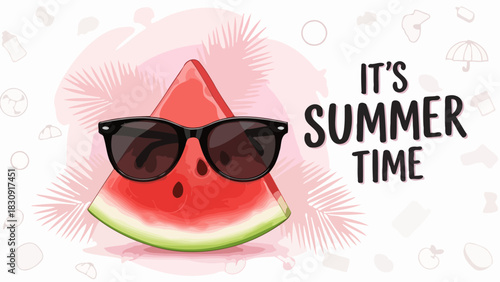 Cool Watermelon Slice Wearing Sunglasses Enjoying Summer Vibes with Tropical Leaves and Text Saying 'It's Summer Time'