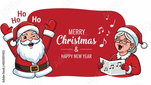 A heartwarming Christmas and New Year celebration featuring a cheerful Santa Claus and a melodic Mrs. Claus singing carols, bringing joy and holiday spirit