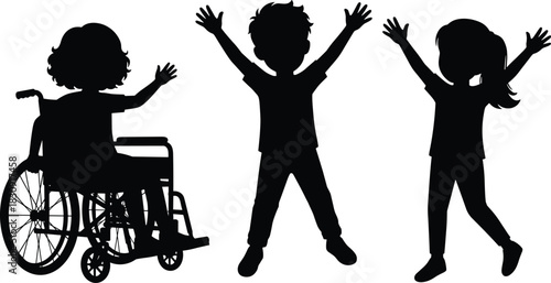 Inclusive children silhouette celebrating diversity, wheelchair kid with friends, happy disabled child vector, unity, accessibility, joyful kids illustration concept