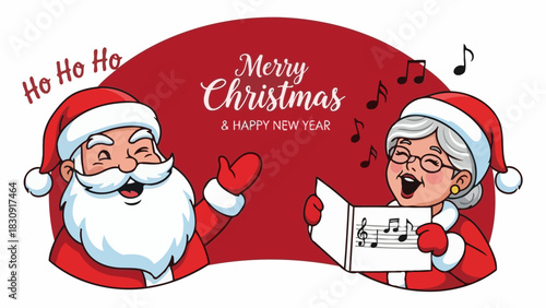 Jolly Santa Claus and Mrs. Claus merrily singing Christmas carols, spreading festive cheer and holiday joy for a Happy New Year celebration